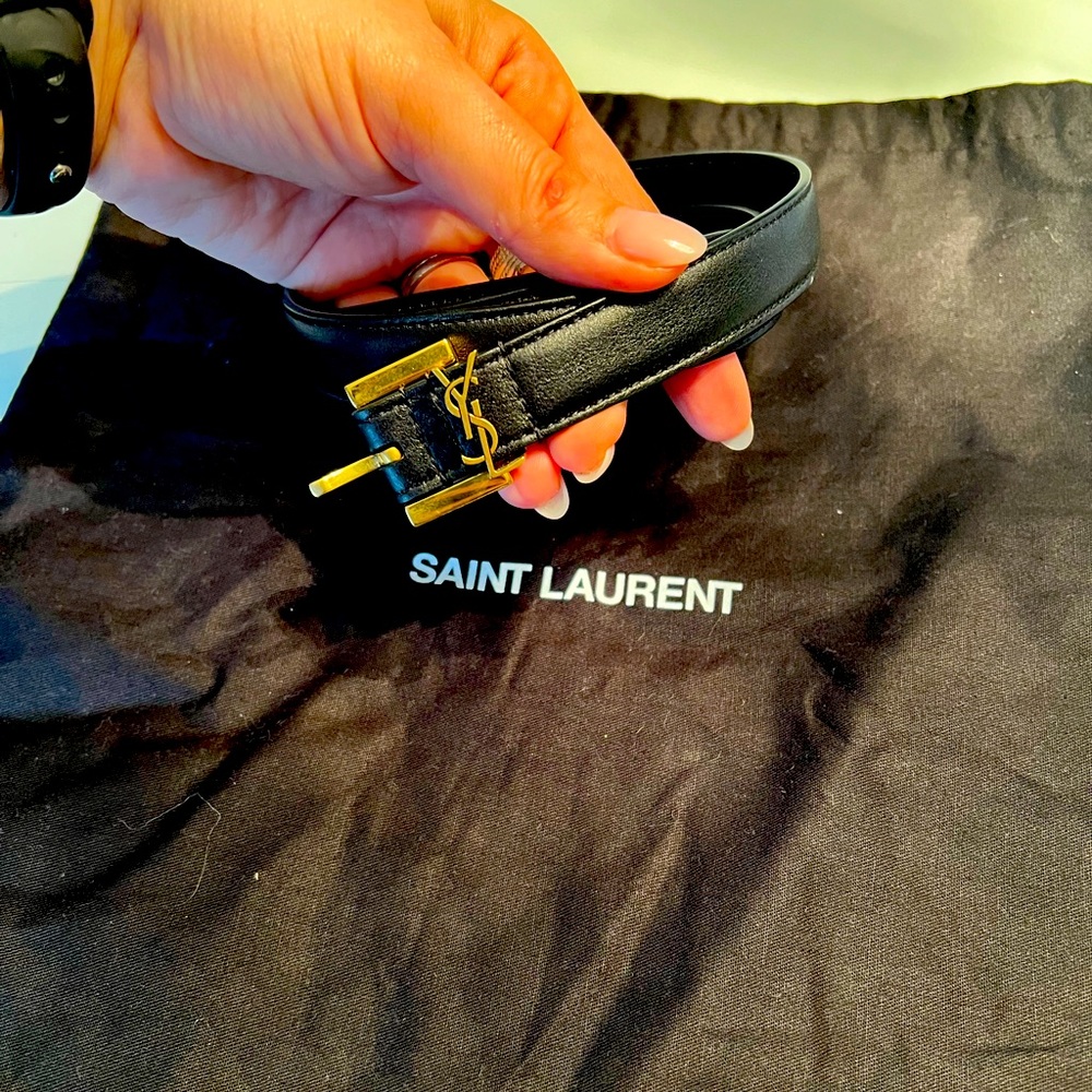 YSL Logo Slim Leather Belt Black, size 85